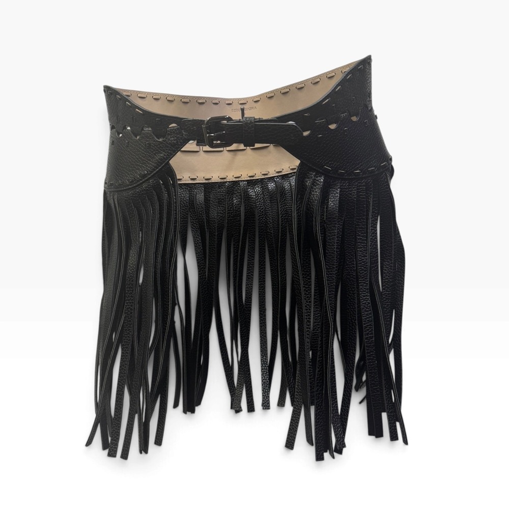 BCBGMAXAZRIA Black Pebbled Faux Leather Fringe Waist Belt Small Boho Corset